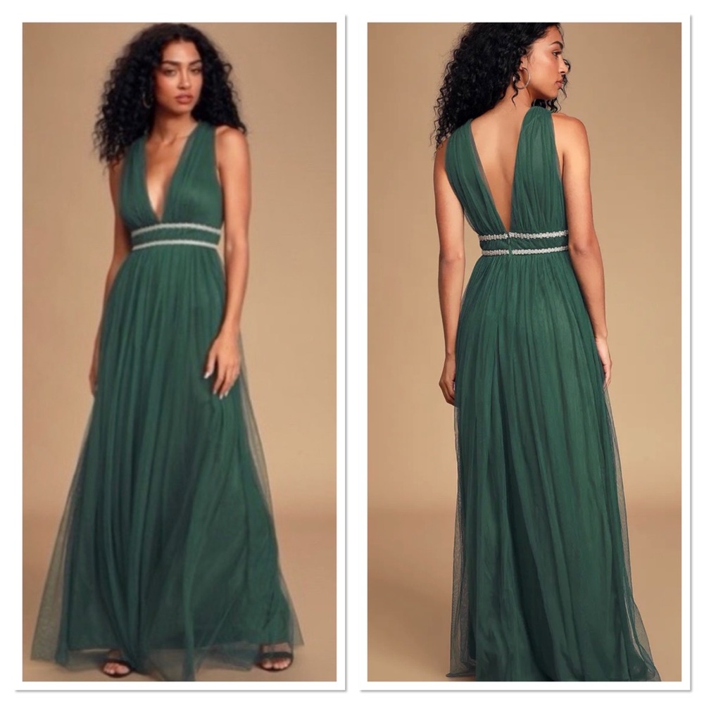 Lulu’s Delightful Occassion Emerald Green Tulle Maxi Dress - S